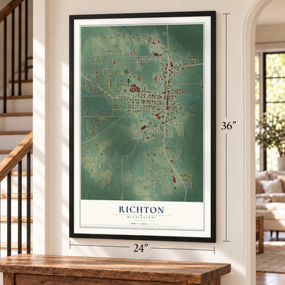 Richton, Mississippi map, 24 x 36 inch print in a black frame by a staircase