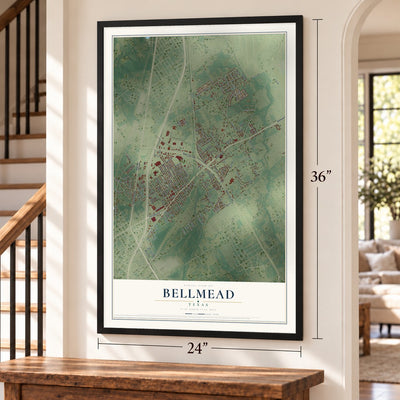 Bellmead, Texas map, 24 x 36 inch print in a black frame by a staircase