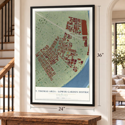 St. Thomas Area - Lower Garden District, Louisiana map, 24 x 36 inch print in a black frame by a staircase