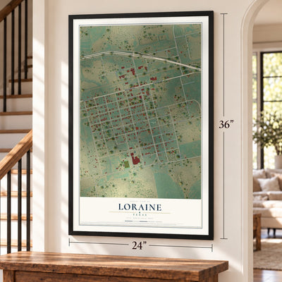 Loraine, Texas map, 24 x 36 inch print in a black frame by a staircase
