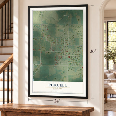 Purcell, Missouri map, 24 x 36 inch print in a black frame by a staircase
