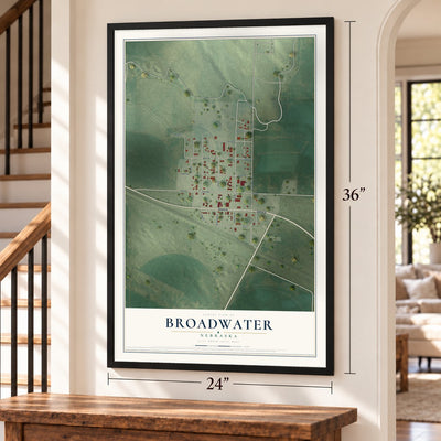 Broadwater, Nebraska map, 24 x 36 inch print in a black frame by a staircase