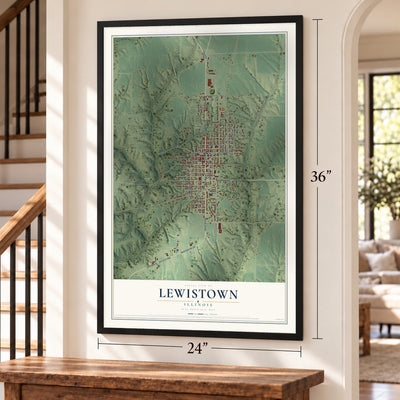 Lewistown, Illinois map, 24 x 36 inch print in a black frame by a staircase