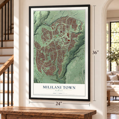 Mililani Town, Hawaii map, 24 x 36 inch print in a black frame by a staircase