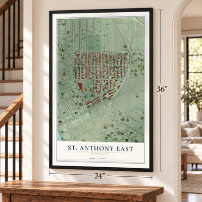 St. Anthony East, Minnesota map, 24 x 36 inch print in a black frame by a staircase
