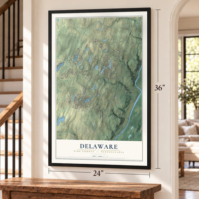 Delaware, Pike County, Pennsylvania map, 24 x 36 inch print in a black frame by a staircase