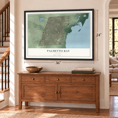 Palmetto Bay, Florida map, 24 x 36 inch print in a black frame above a dresser by a staircase