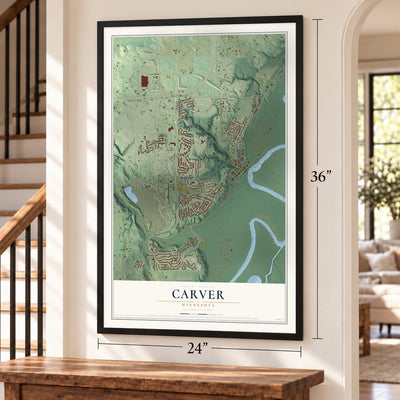 Carver, Minnesota map, 24 x 36 inch print in a black frame by a staircase