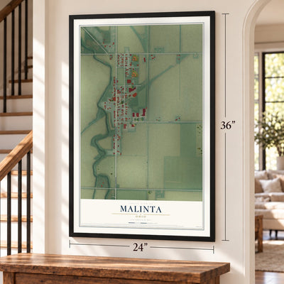 Malinta, Ohio map, 24 x 36 inch print in a black frame by a staircase