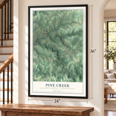 Pine Creek, Jefferson County, Pennsylvania map, 24 x 36 inch print in a black frame by a staircase