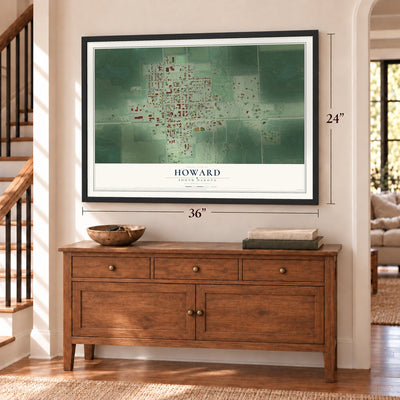 Howard, South Dakota map, 24 x 36 inch print in a black frame above a dresser by a staircase