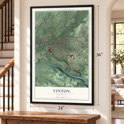 Vinton, Virginia map, 24 x 36 inch print in a black frame by a staircase