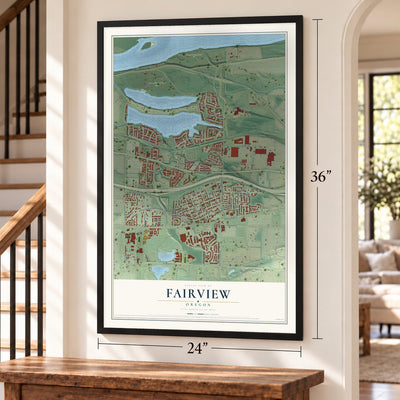 Fairview, Oregon map, 24 x 36 inch print in a black frame by a staircase