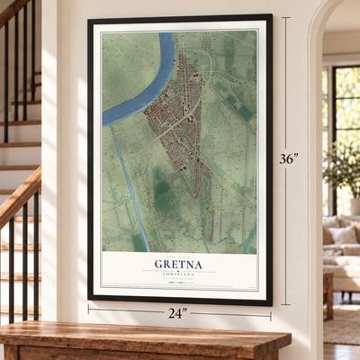 Gretna, Louisiana map, 24 x 36 inch print in a black frame by a staircase