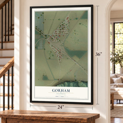 Gorham, Illinois map, 24 x 36 inch print in a black frame by a staircase