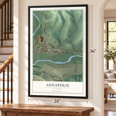 Annapolis, Missouri map, 24 x 36 inch print in a black frame by a staircase
