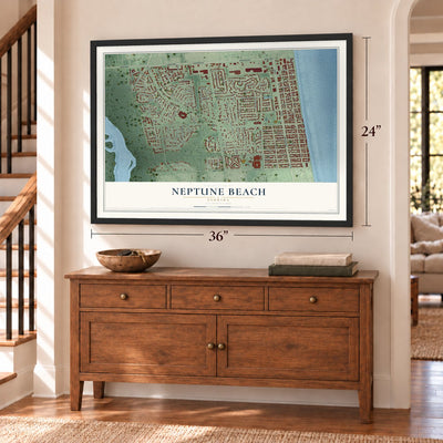 Neptune Beach, Florida map, 24 x 36 inch print in a black frame above a dresser by a staircase