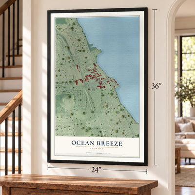 Ocean Breeze, Florida map, 24 x 36 inch print in a black frame by a staircase