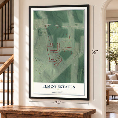Elmco Estates, Georgia map, 24 x 36 inch print in a black frame by a staircase
