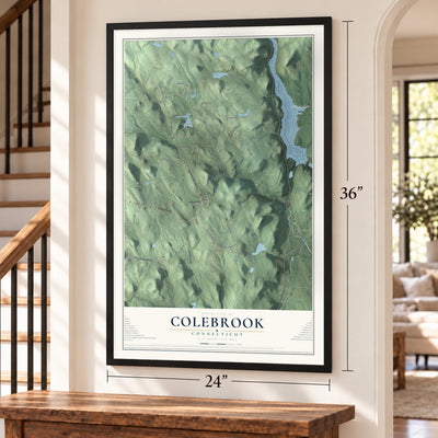 Colebrook, Connecticut map, 24 x 36 inch print in a black frame by a staircase