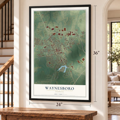 Waynesboro, Georgia map, 24 x 36 inch print in a black frame by a staircase