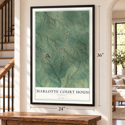 Charlotte Court House, Virginia map, 24 x 36 inch print in a black frame by a staircase