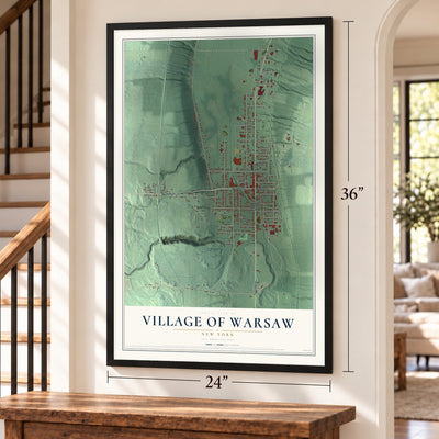 Village of Warsaw, New York map, 24 x 36 inch print in a black frame by a staircase