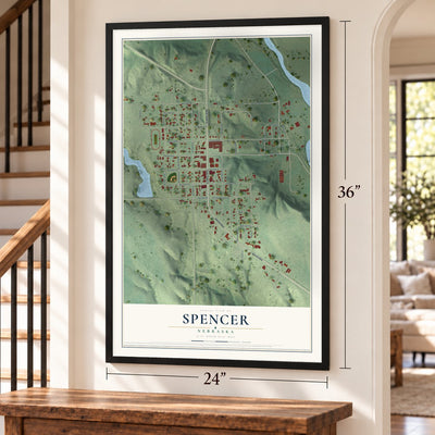 Spencer, Nebraska map, 24 x 36 inch print in a black frame by a staircase