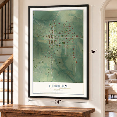 Linneus, Missouri map, 24 x 36 inch print in a black frame by a staircase