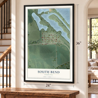 South Bend, Nebraska map, 24 x 36 inch print in a black frame by a staircase