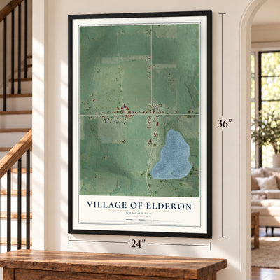 Elderon, Wisconsin map, 24 x 36 inch print in a black frame by a staircase