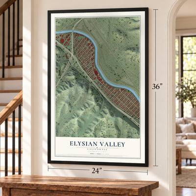 Elysian Valley, California map, 24 x 36 inch print in a black frame by a staircase