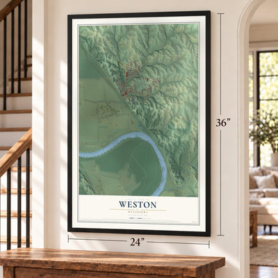 Weston, Missouri map, 24 x 36 inch print in a black frame by a staircase