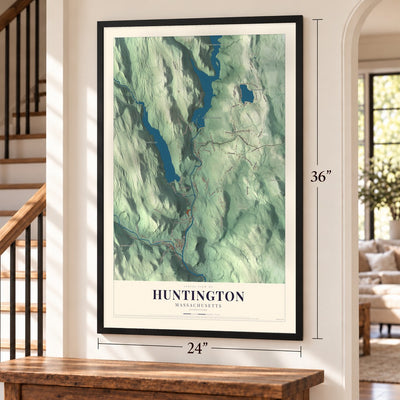 Huntington, Massachusetts map, 24 x 36 inch print in a black frame by a staircase