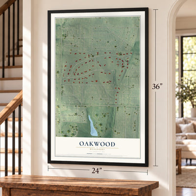 Oakwood, Missouri map, 24 x 36 inch print in a black frame by a staircase