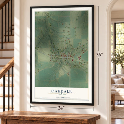 Oakdale, Illinois map, 24 x 36 inch print in a black frame by a staircase
