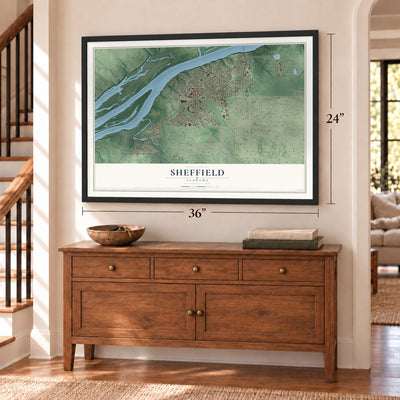 Sheffield, Alabama map, 24 x 36 inch print in a black frame above a dresser by a staircase