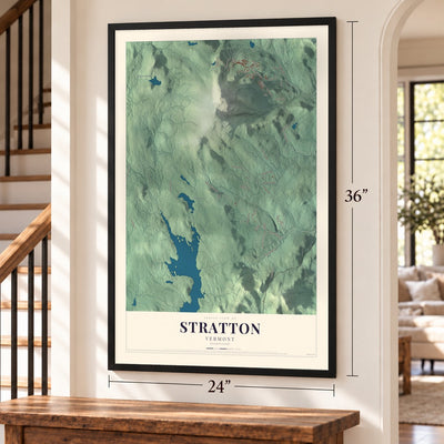 Stratton, Vermont map, 24 x 36 inch print in a black frame by a staircase