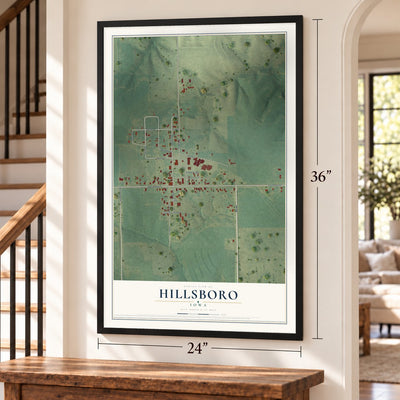 Hillsboro, Iowa map, 24 x 36 inch print in a black frame by a staircase