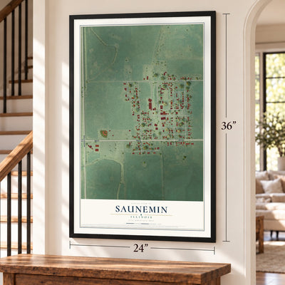 Saunemin, Illinois map, 24 x 36 inch print in a black frame by a staircase