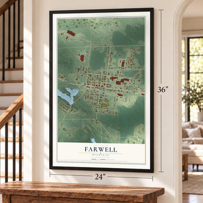 Farwell, Michigan map, 24 x 36 inch print in a black frame by a staircase