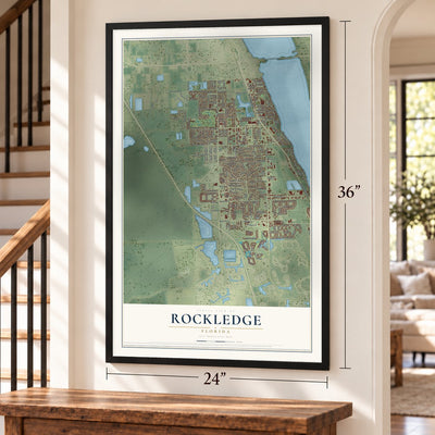 Rockledge, Florida map, 24 x 36 inch print in a black frame by a staircase