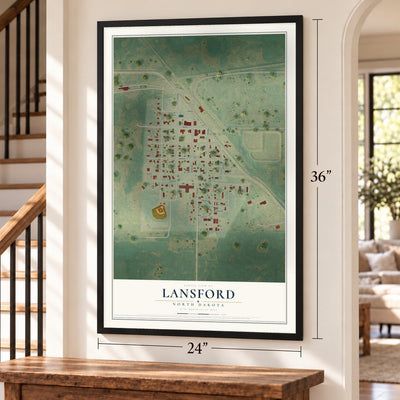 Lansford, North Dakota map, 24 x 36 inch print in a black frame by a staircase