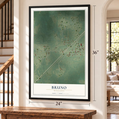 Bruno, Minnesota map, 24 x 36 inch print in a black frame by a staircase