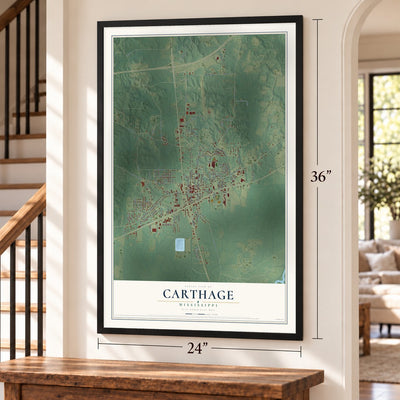 Carthage, Mississippi map, 24 x 36 inch print in a black frame by a staircase