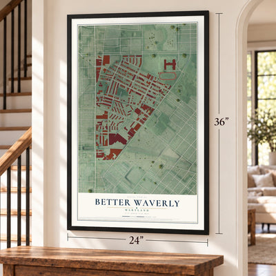 Better Waverly, Maryland map, 24 x 36 inch print in a black frame by a staircase