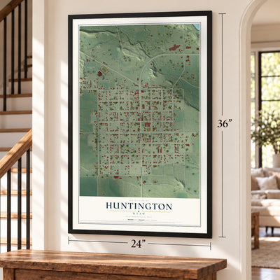 Huntington, Utah map, 24 x 36 inch print in a black frame by a staircase