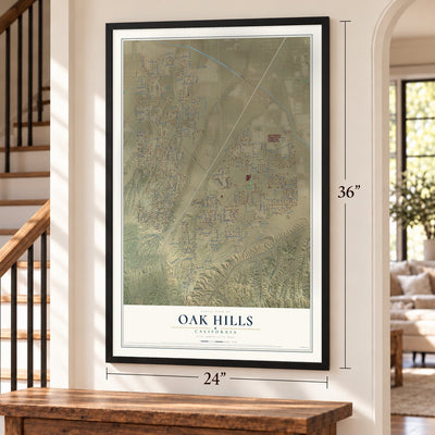 Oak Hills, California map, 24 x 36 inch print in a black frame by a staircase