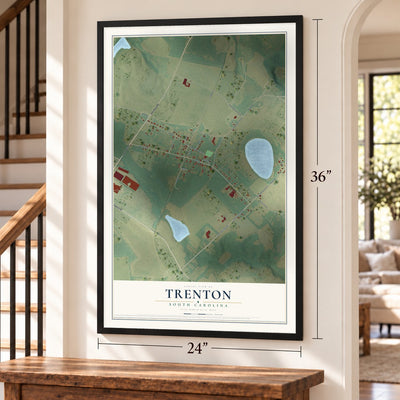 Trenton, South Carolina map, 24 x 36 inch print in a black frame by a staircase
