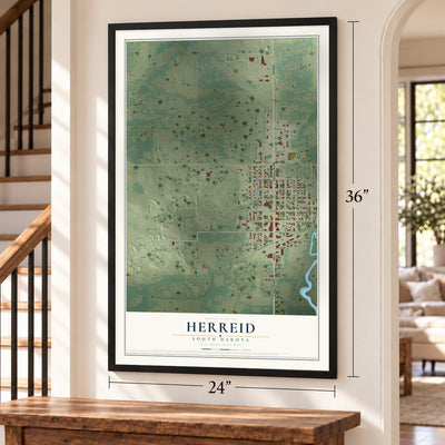 Herreid, South Dakota map, 24 x 36 inch print in a black frame by a staircase